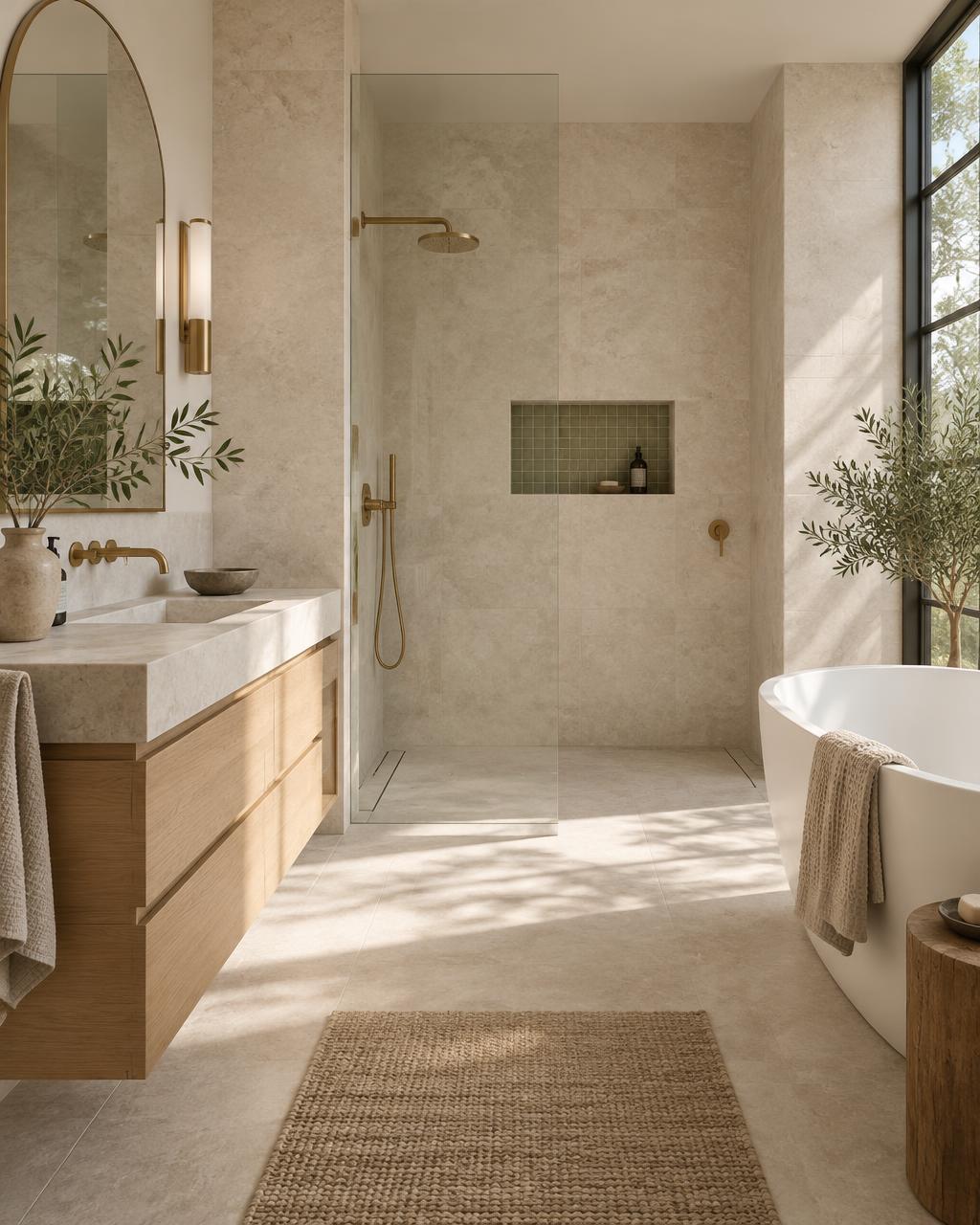 Limestone-inspired bathroom with a floating oak vanity and curbless shower
