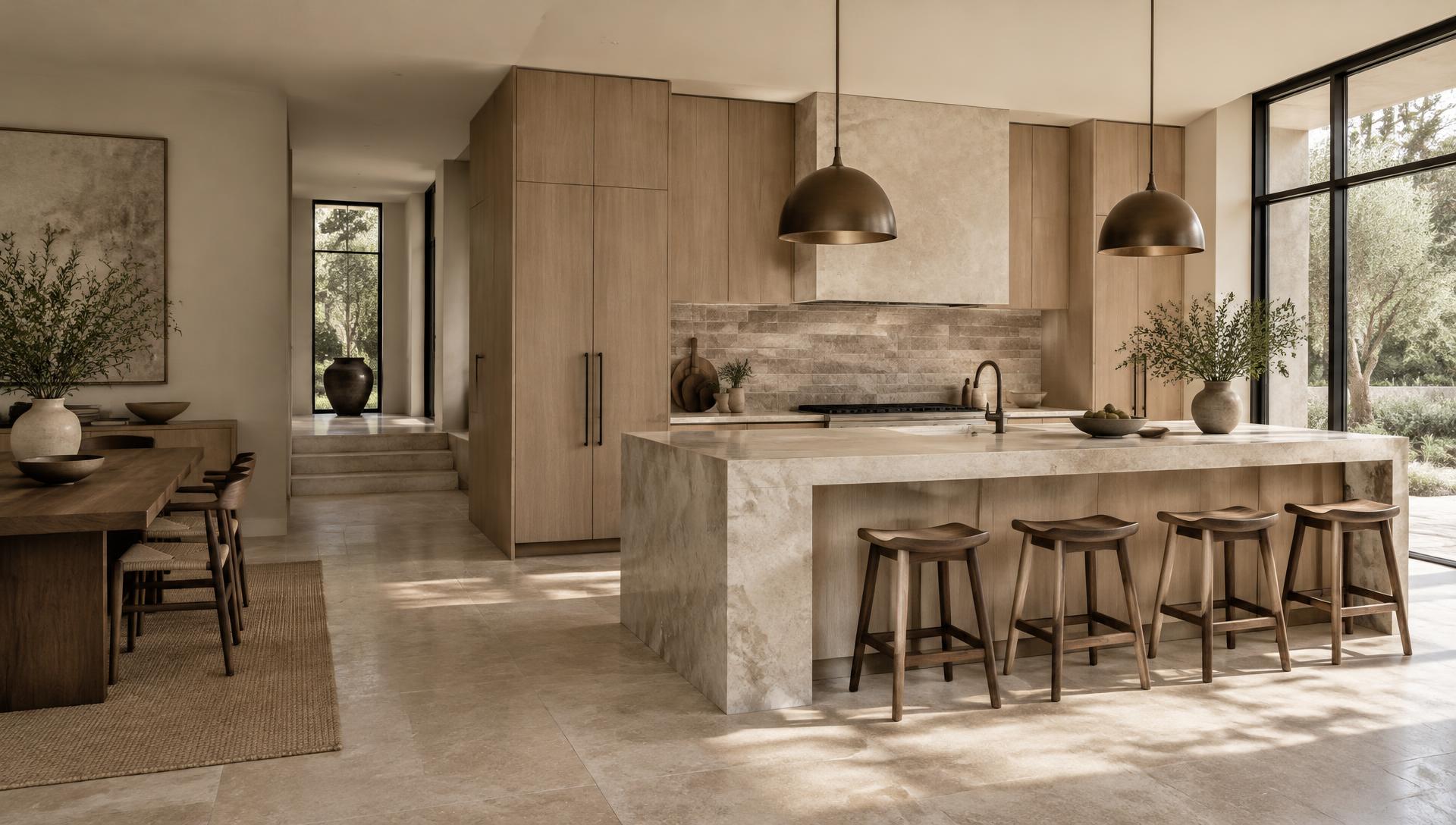 Sunlit kitchen with a natural stone island, oak cabinetry and meticulously laid stone flooring
