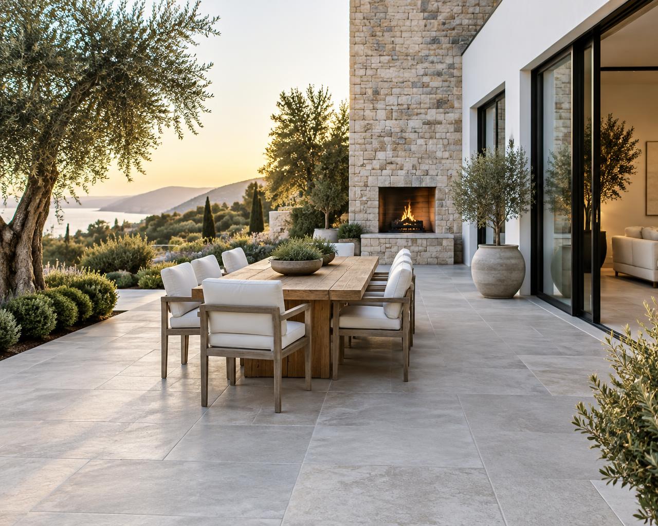 Stone tiled outdoor patio with a dining table and stone fireplace
